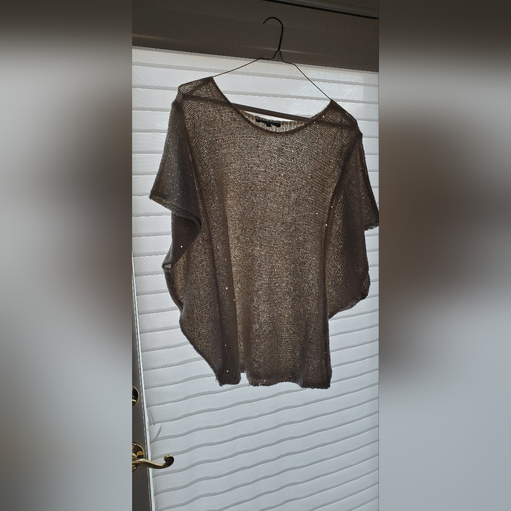Sheer Silver Matty M, size Medium sequin top with Dolman short sleeves